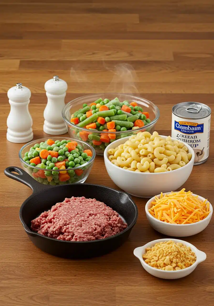 A wooden countertop displaying raw ground meat in a cast-iron skillet, two bowls of mixed vegetables, a white bowl of elbow macaroni, a can of cream of mushroom soup, shredded cheese, crushed chips, and salt and pepper shakers.